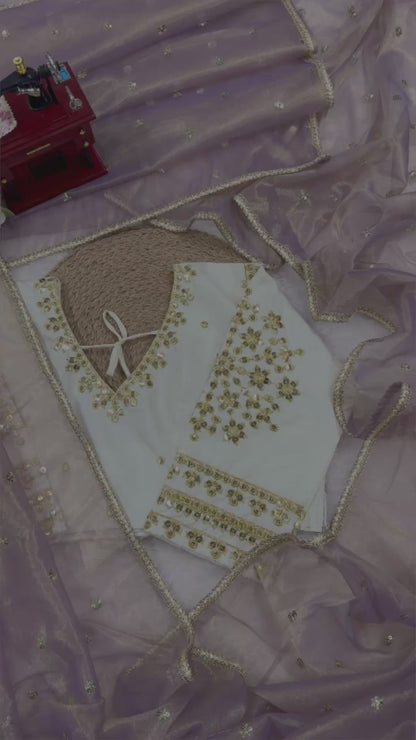 Light Lavender Heavy Twill Net With Sequins Work