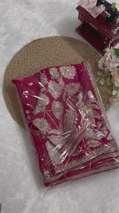 Rose Red Jimmy Chu Sequince Work Saree