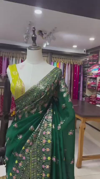 Green Faux Georgette With Piping Saree