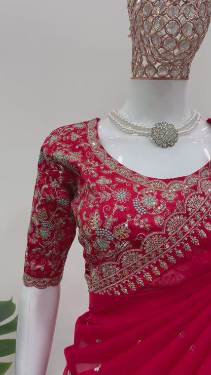 Red Heavy Tibby Silk Sequins Embroidery Saree