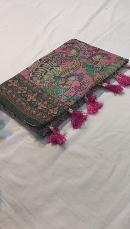 PINK COLOR KALAMKARI PRINT MALAI COTTON SAREE