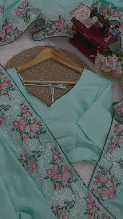 Sky Blue Roman Silk With Thred Work Saree