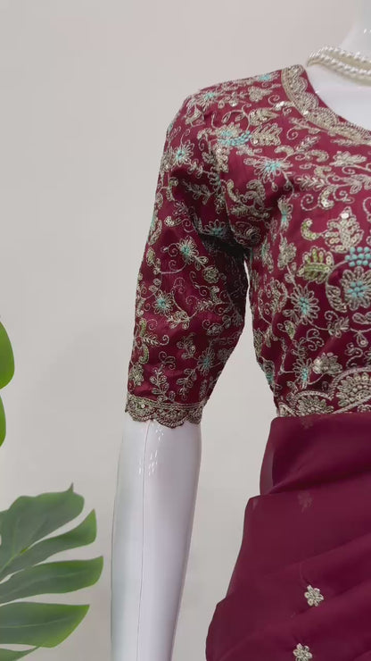 Maroon  Heavy Tibby Silk Sequins Embroidery Saree