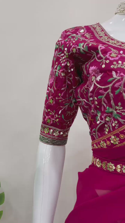 Maroon Faux Georgette Sequence Embroidery Work With Kamar Belt Saree