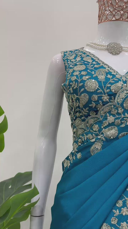 Blue Heavy Chinon Thread &amp; Sequence Work Saree