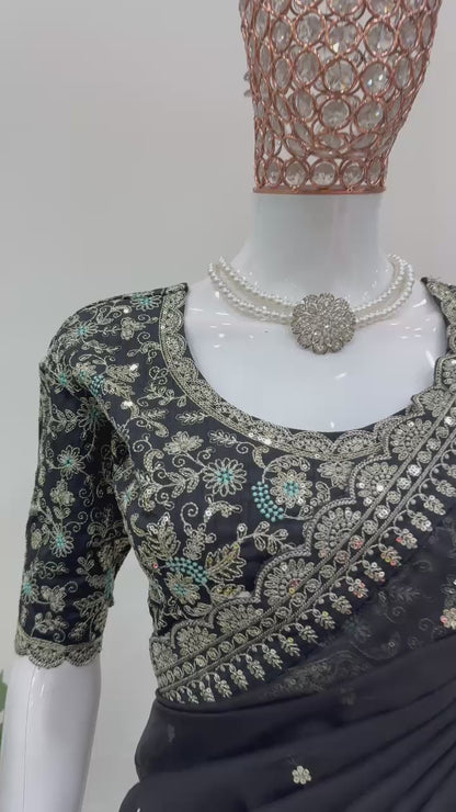 Black Heavy Tibby Silk Sequins Embroidery Saree