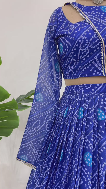Blue Faux Gorgette Bandhani Print Lehenga