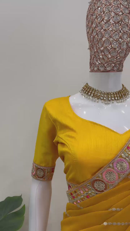 Yellow Faux Georgette With Coding Embroidery Work Saree