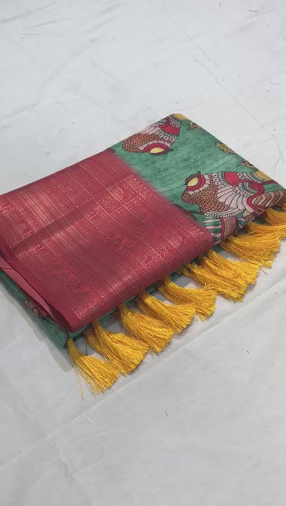 RED & SKY BLUE COLOR DIGITAL PRINT KANCHIPURAM SILK SAREE