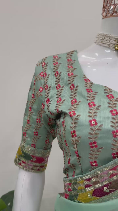 Green Tibby Silk With  Thread Sequins Embroidery Saree