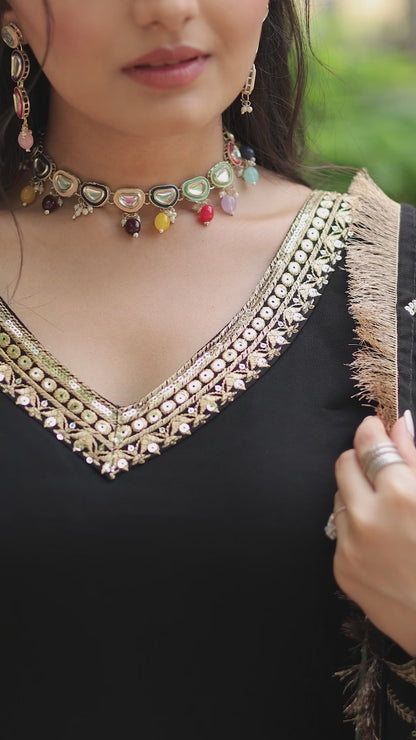 BLACK COLOR DESIGNER SPARKLING FULLY STITCHED ANARKALI GOWN WITH DUPATTA