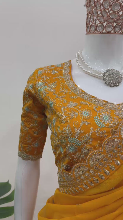 Mustard Heavy Tibby Silk Sequins Embroidery Saree