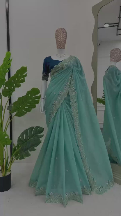 Sky Blue Crunchy Silk With Thread & Sequins Work Saree