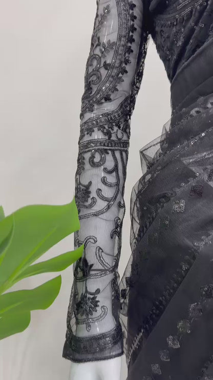 Beautiful Black Soft NetThread & Sequins work Saree