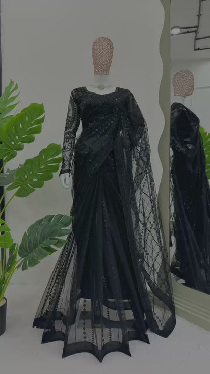 Beautiful Black Soft NetThread & Sequins work Saree