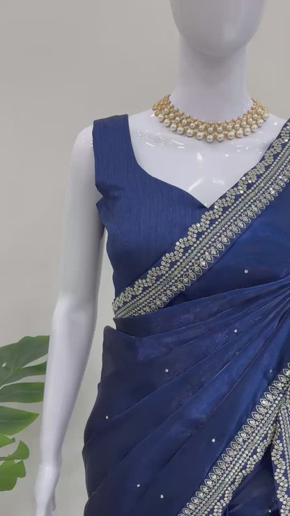 Navy Blue Heavy Organza Silk With LCD Diamonds Saree